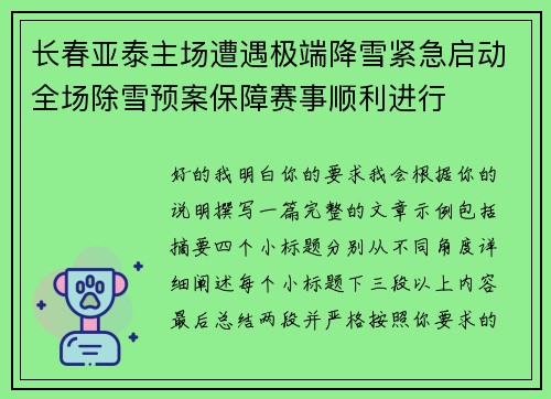 长春亚泰主场遭遇极端降雪紧急启动全场除雪预案保障赛事顺利进行
